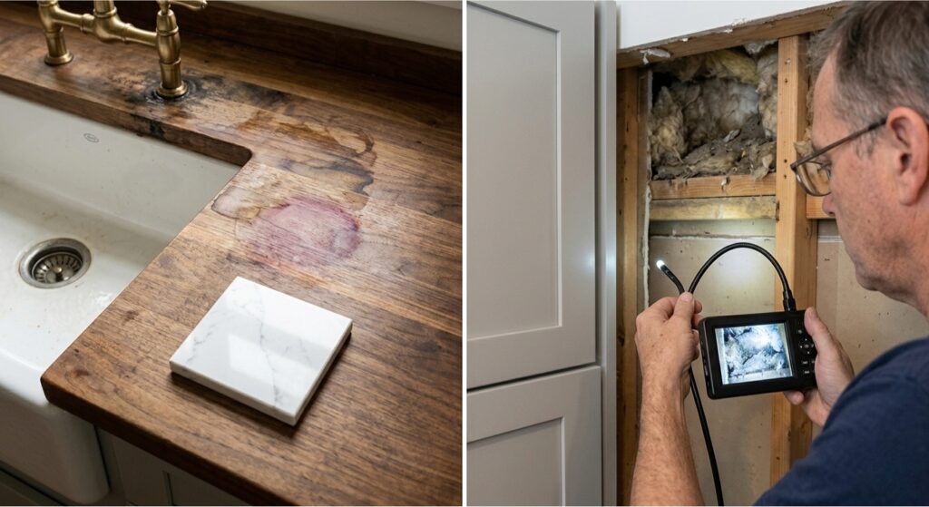 Split view showing water-stained butcher block countertop with mold near a sink compared to durable quartz, alongside a homeowner using an endoscope camera to inspect hidden cabinet voids during a kitchen renovation.