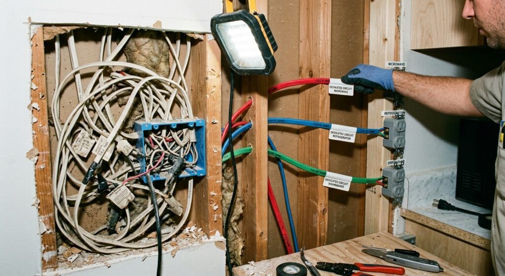 Close-up of kitchen wall framing during a remodel showing a contractor wiring separate dedicated circuits and duplex outlets for a microwave, refrigerator, and dishwasher to prevent tripped breakers.