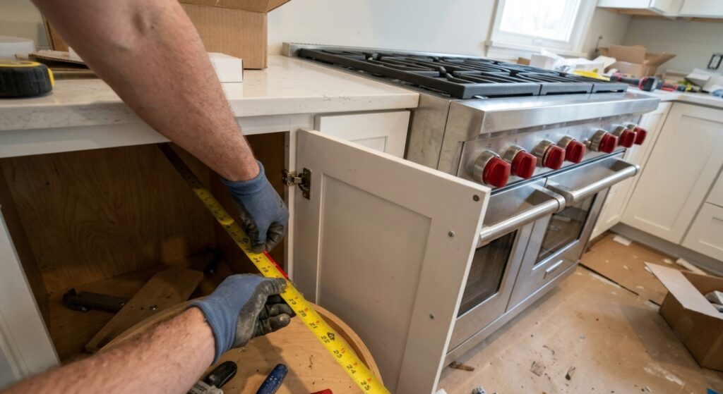 A commercial 6 burner stove sticking out 8 inches past standard depth kitchen base cabinetry, blocking an adjacent lazy Susan corner cabinet door from opening fully.